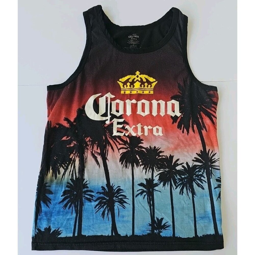 Corona Extra Tank Top Shirt Sz M Palm Tree Tropical Multicolor Beachwear Casual